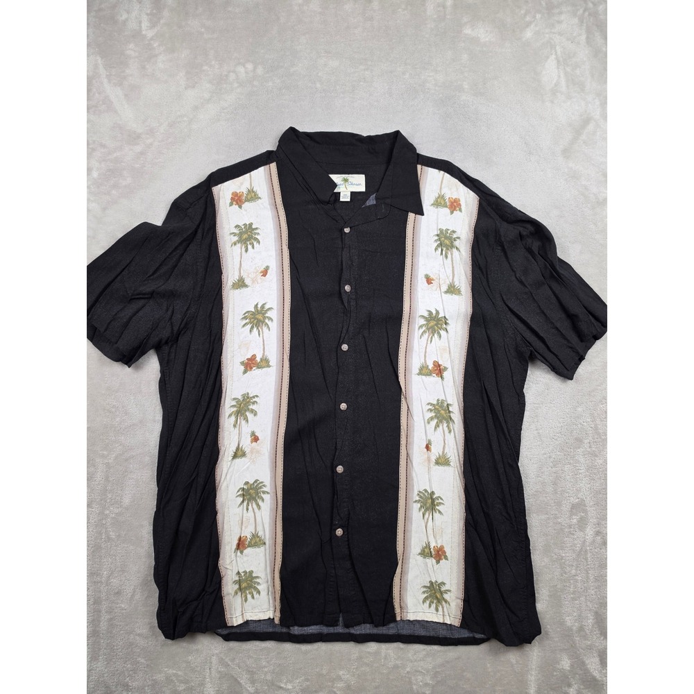 Island Shores Button Up Shirt‎ Mens XXL Black Palm Tree Panel Rayon Hawaiian